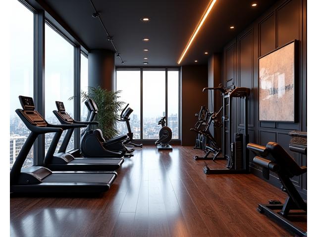 Luxurious home gym with hardwood floors, high-end equipment, and expansive windows